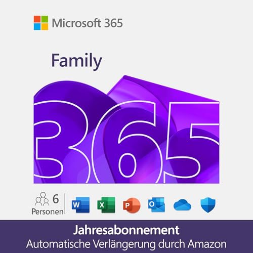 Microsoft 365 Family | 12 Monats-Abo mit automatischer Verlängerung, bis zu 6 Nutzer | Word, Excel, PowerPoint | bis zu 6 TB OneDrive Cloudspeicher | PCs/Macs & mobile Geräte | Amazon Abonnement