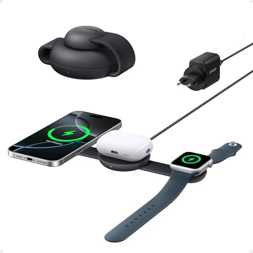 Anker MagGo 3-in-1 Kabellose Ladestation, MagSafe-Kompatibles Qi2-Zertifiziertes 15W Ladegerät, Faltbares Reise-Ladepad für iPhone 16/15/14/13/12, AirPods, Apple Watch (Keine Powerbank)