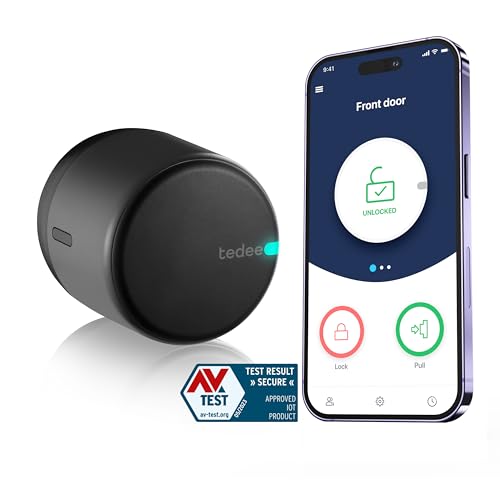 tedee Lock GO, smartes Türschloss, einfach nachrüstbar, ohne Zylindertausch, Steuerung via Bluetooth & aus der Ferne per App, iPhone & Android, Smart Home, schwarz, Ø 58mm x 65mm …