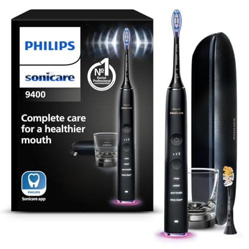 Philips Sonicare DiamondClean Smart 9400 elektrische Zahnbürste, Schallzahnbürste mit App, Drucksensor, Bürstenkopferkennung, 4 Putzmodi und 3 Intensitätsstufen, Schwarz, Modell HX9917/89