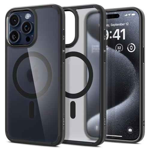 Spigen für iPhone 15 Pro Ultra Hybrid Frost MagFit Hülle [Anti-Yellowing] Case Handyhülle Transparent Dünn Slim Kompatibel mit MagSafe -Schwarz