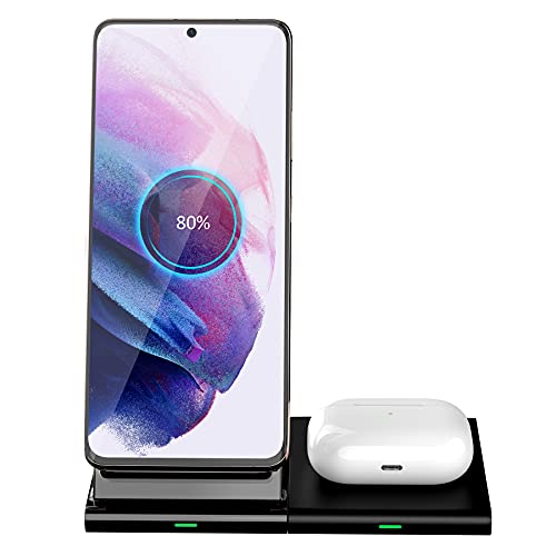 Hoidokly Wireless Charger Qi Induktive Dual Fast Ladestation Schnelles 2 in 1 Kabelloses Ladegerät für Galaxy S22+/S21/S20/S10/S9/Note 20 Ultra/Galaxy Buds Live,iPhone 14/Airpods pro/3/2-Kein Adapter