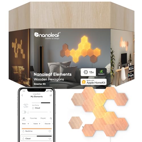 Nanoleaf Elements Hexagon Starter Kit, 13 Smarten Holzoptik LED Panels - Modulare Dimmbare WLAN Wandleuchte Innen, Musik Sync, Funktioniert mit Alexa Google Apple, Deko Wohnzimmer Schlafzimmer Büro