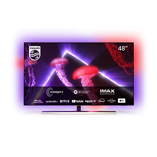 Philips 48OLED807 121 (48 Zoll) Fernseher (4K UHD, OLED, HDR10+, 120 Hz, Dolby Vision & Atmos, 4-seitiges Ambilight, Smart TV Mit Google Assistant, Works with Alexa, Triple Tuner, Silber)