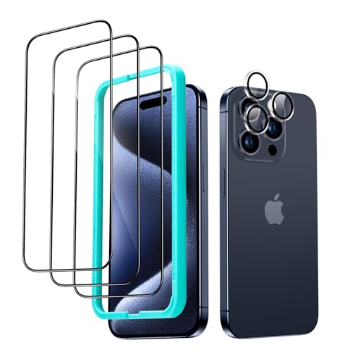 ESR für iPhone 15 Pro für Panzerglas, 3 Displayschutzfolien aus gehärtetem Glas und 1 Set einzelner Kamera Schutzfolien, 2,5D gebogene Kanten, vollständiger Militärnorm Schutz, kratzfest