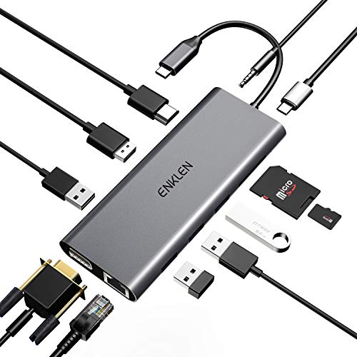 ENKLEN USB C Hub 12 in 1 mit DP 4K, Thunderbolt 3 5K@60Hz 100W PD, 2 USB 3.1, HDMI 4K, SD/Micro SD Kartenleser, Gigabit Ethernet, VGA für MacBook Pro,Chromebook und Mehr Typ C Geräte