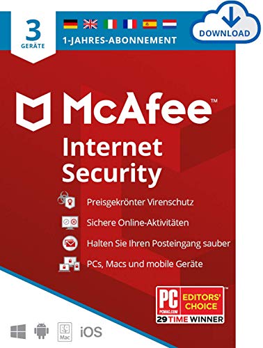 McAfee Internet Security 2024 | 3 Geräte | Virenschutz- und Internet-Sicherheitssoftware | Windows/Mac/Android/iOS | 1-Jahres-Abonnement | Download-Code