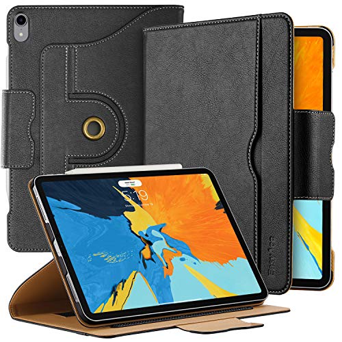 EasyAcc Leder Hülle für iPad Pro 11, (Kompatible mit Apple Pencil 2) 100% PU Leder Handgefertigt Langlebig, 360 Grad Drehung mit Multi-Winkel Standfunktion und Tasche, Auto Wake up/Sleep (Schwarz)