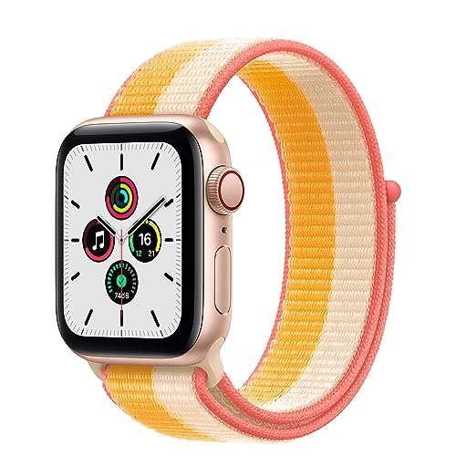 Apple Watch SE (1. Generation) (GPS + Cellular, 40mm) Smartwatch - Aluminiumgehäuse Gold, Sport Loop Indischgelb/Weiß. Fitness-und Aktivitätstracker, Herzfrequenzmesser, Wasserschutz