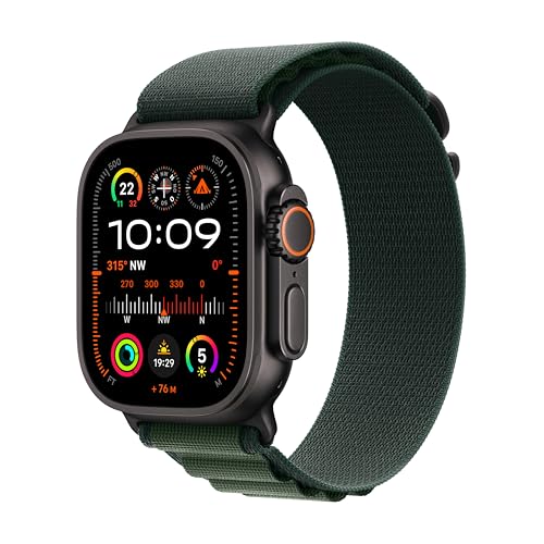 Apple Watch Ultra 2 (GPS + Cellular 49 mm) Smartwatch, Sportuhr mit Titangehäuse in Schwarz und Alpine Loop in Dunkelgrün (Small). Fitnesstracker, präzises GPS, Actiontaste, CO₂ neutral