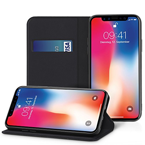 EasyAcc Hülle Case für iPhone XS/iPhone X, PU Kunstleder mit Kartenhalter und Faltbare Tasche Handyhülle Schutzhülle mit Kickstand Aufsteller Cover Kompatibel mit iPhone X – Schwarz