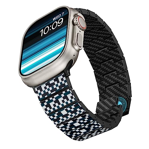 pitaka Carbon Armband für Apple Watch 10/Ultra 2/Ultra/9/8/7/6/SE/5/4/3/2/1 aus Kohlefaser und Aramidfaser Uhrenarmband Universal Ersatzarmband mit Magnetischem Verschluss 49-38 mm Mosaik