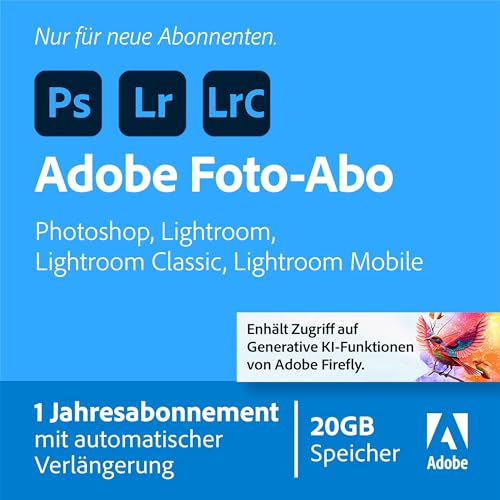 Adobe Creative Cloud Foto-Abo mit 20GB: Photoshop und Lightroom |Generative KI |Bildbearbeitung | 1 Jahresabonnement mit automatischer Verlängerung PC/Mac