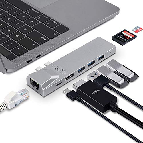 USB C Hub,Thunderbolt 3 Adapter mit Type C 5K Video Output, HDMI 4K, RJ45 Gigabit Ethernet LAN, 3 USB 3.0, SD/TF Kartenleser kompatibel mit MacBook Pro 2019/2018/2017, MacBook Air 2019/2018