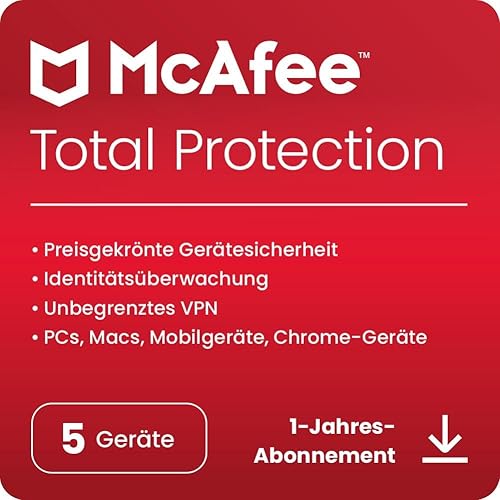 McAfee Total Protection 2024 | 5 Geräte | Virenschutz- und Internet-Sicherheitssoftware | inkl. Unlimited VPN | 1-Jahres-Abonnement | Download-Code