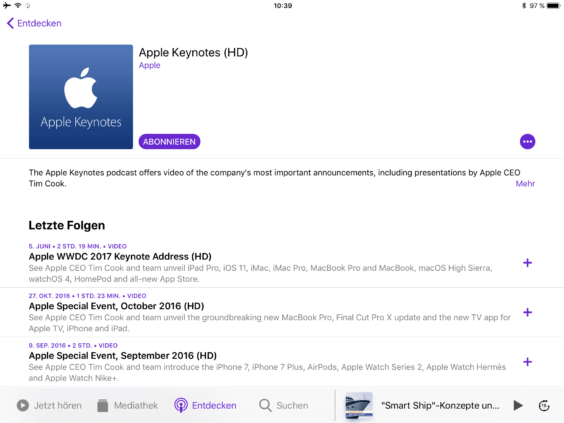 iOS 11 Podcasts abonnieren - Apple Keynote - Screenshot