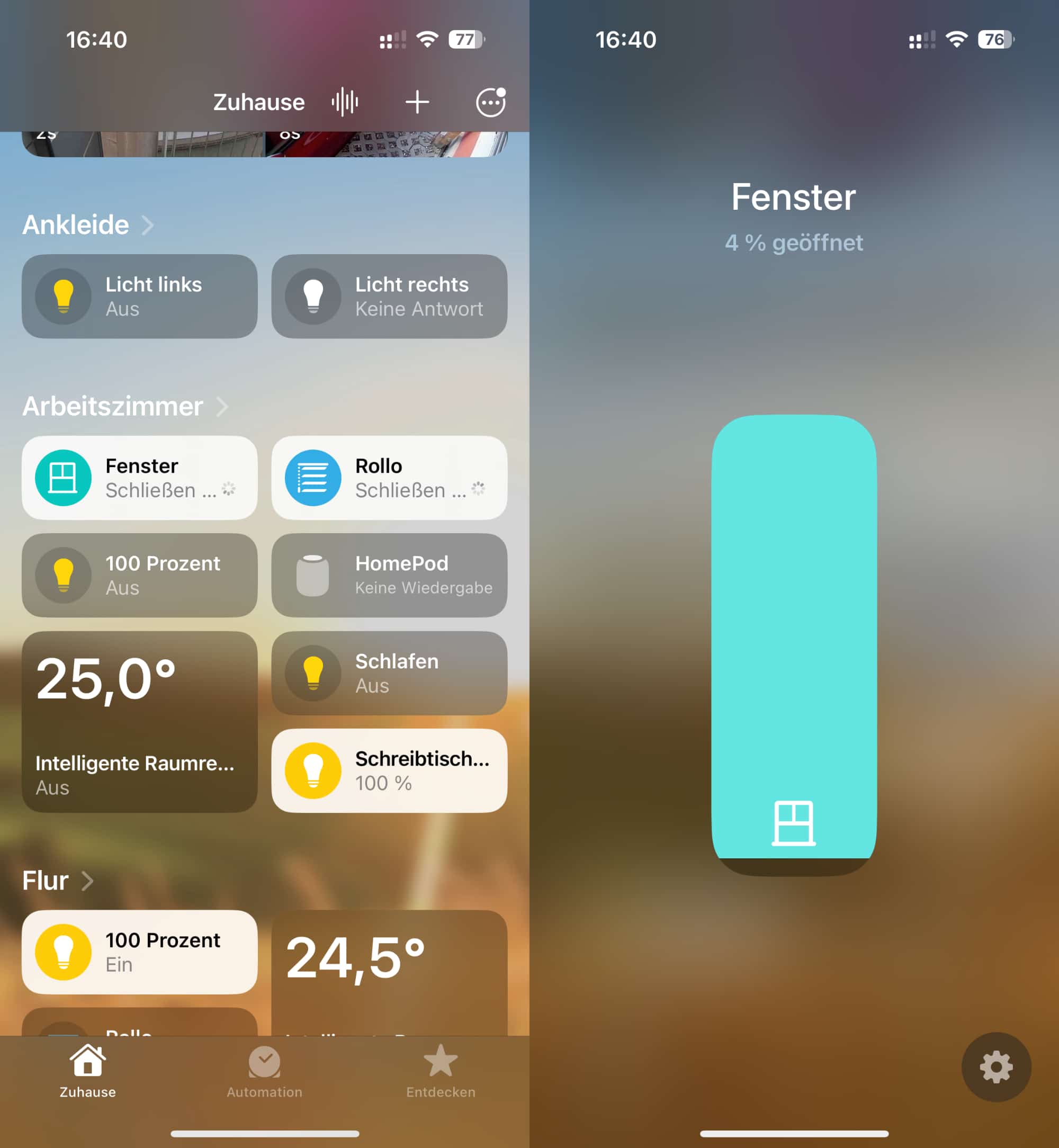 Öffnet man Fenster/Rollo in HomeKit händisch, zeigt die Kachel "Schließen" an und der Prozentansicht steht "4 % geöffnet". Beides Quatsch.